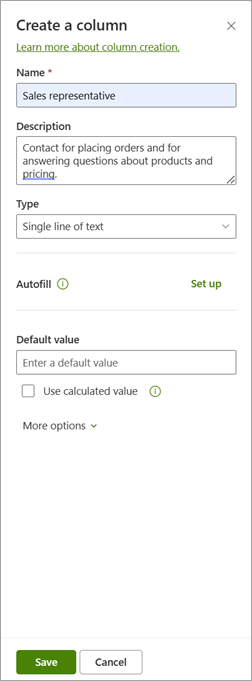 Screenshot showing the Create a column panel with the Autofill section highlighted.