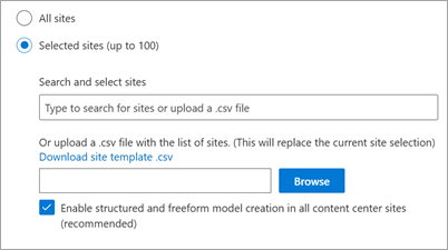 Screenshot of the site scoping settings showing the option to enable structured and freeform model creation in the content center.