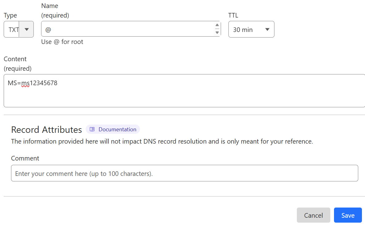 Screenshot of where you select Save to add a domain verification TXT record.