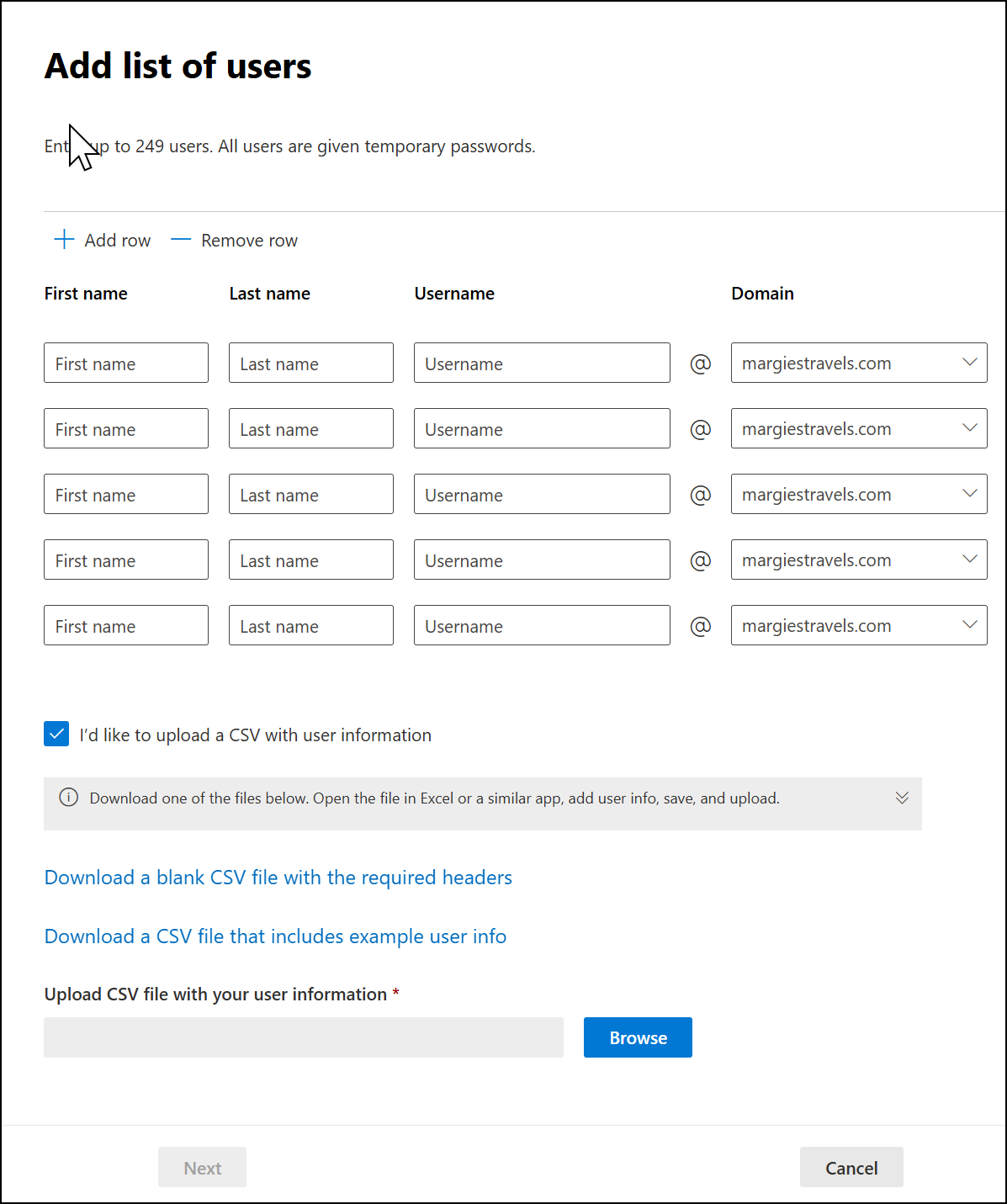 Screenshot: Options to add users one at a time or use a CSV file.