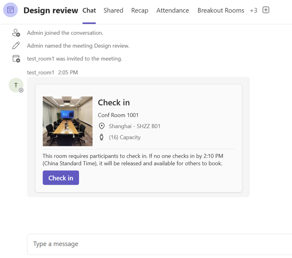 Screenshot that shows check-in using Teams Chat.