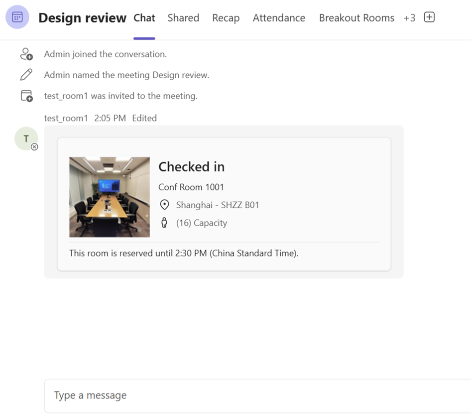 Screenshot that shows a message confirming check-in.
