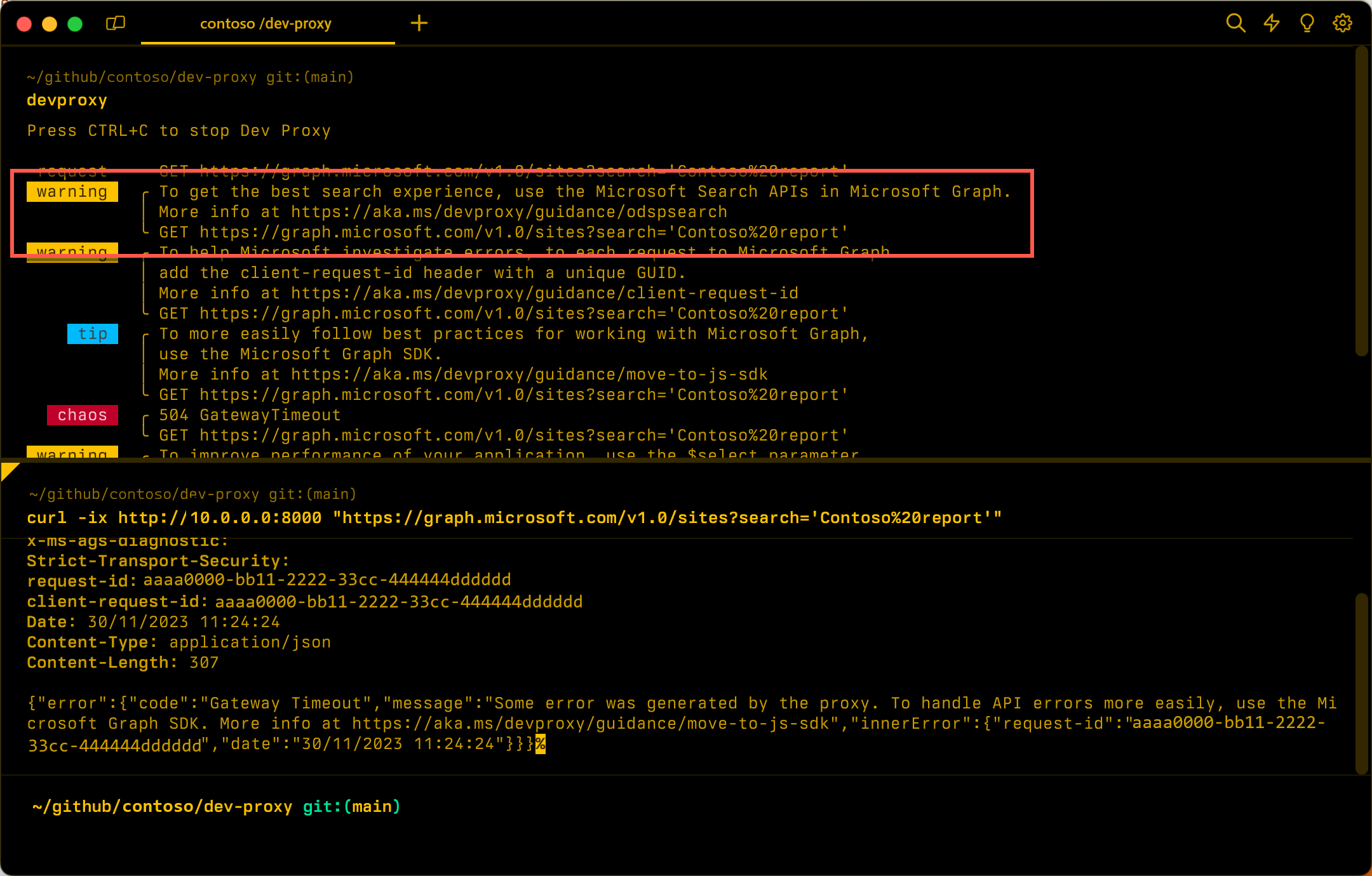 Screenshot of Dev Proxy warning of using OneDrive and SharePoint search APIs.