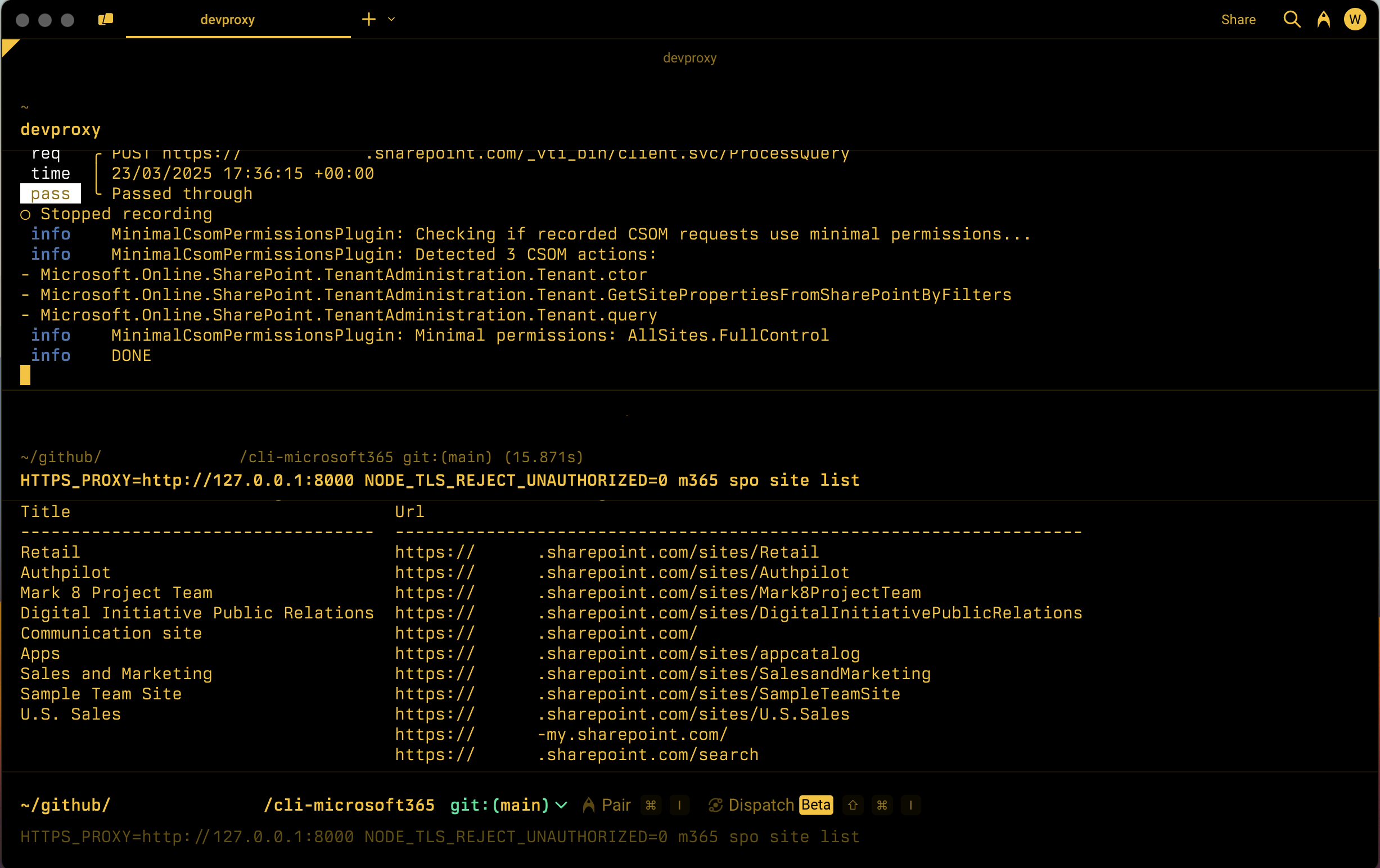 Screenshot of a command line showing Dev Proxy listing minimal permissions required to call the recorded set of SharePoint CSOM APIs.