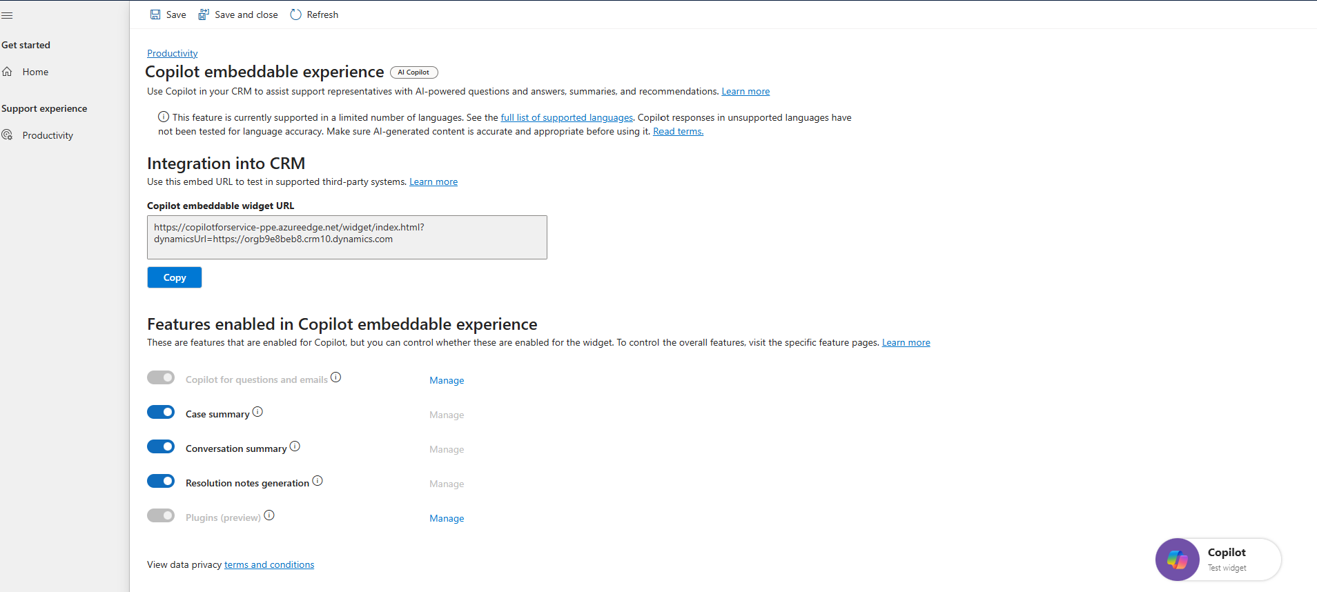 Screenshot showing the embeddable widget admin screen in Copilot for Service.