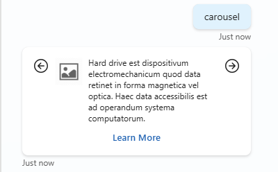 Screenshot of an example conversation showing the Adaptive Card carousel.