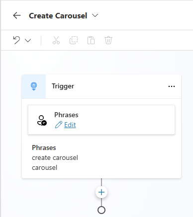 Screenshot of the 'Create Carousel' topic with the Trigger node and its trigger phrases 'carousel' and 'create carousel'.