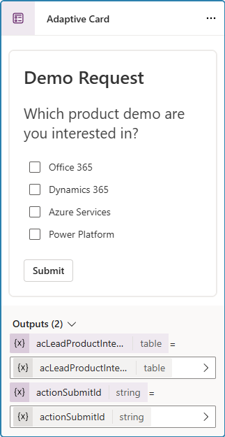 Screenshot of an Adaptive Card node configured with an Adaptive Card for a demo request.