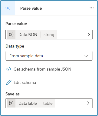 Screenshot of the 'Parse value' node that transforms the DataJSON literal that represents into the DataTable table.