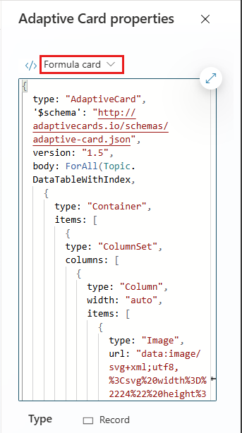 Screenshot of the 'Adaptive Card properties' panel showing the formula editor.
