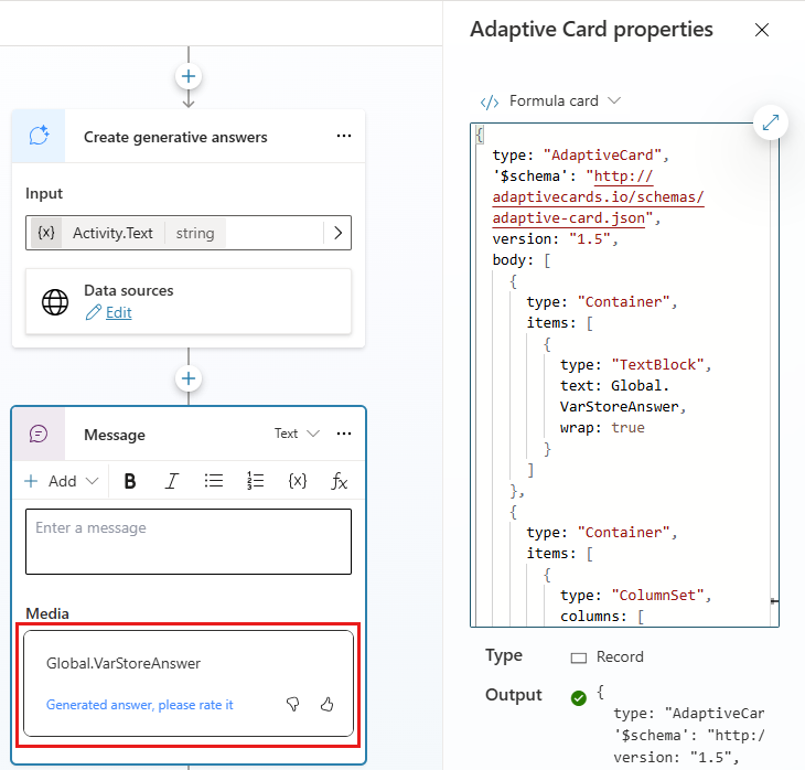 Screenshot of a Message node with an Adaptive Card asking the user to rate the agent's response.