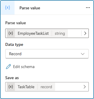 Screenshot of the 'Parse value' node.
