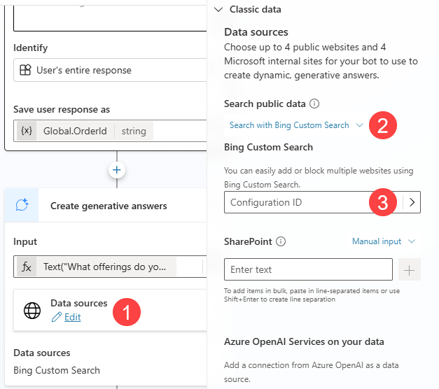 Screenshot illustrating the steps needed to leverage Bing Custom Search on a Create generative answers node in a topic.