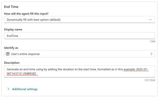 Screenshot of an agent tool illustrating how to format the date in an automatically generated email response.