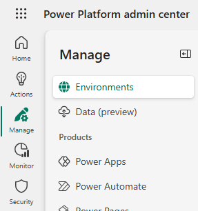 Screenshot of the Power Platform admin center side navigation menu showing the Manage section.