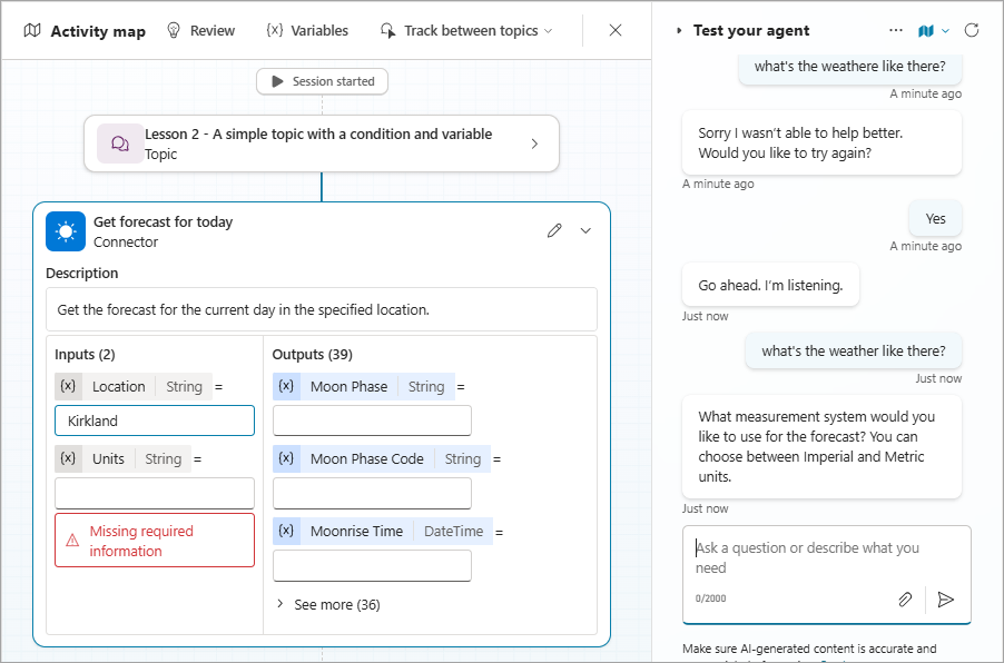 Screenshot of example 3, showing the conversation history and the weather tool on the activity map.