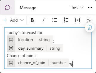 Screenshot of the Message node with a message that uses output parameters from the flow.