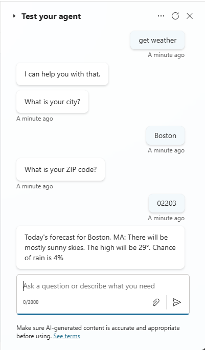 Screenshot of a test chat showing information from the 'Get weather forecast' tool.