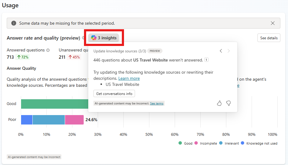 Screenshot showing location of the insights button.