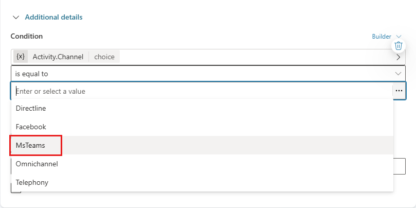 Screenshot of a condition to limit the scope of a child agent to the Microsoft Teams channel.