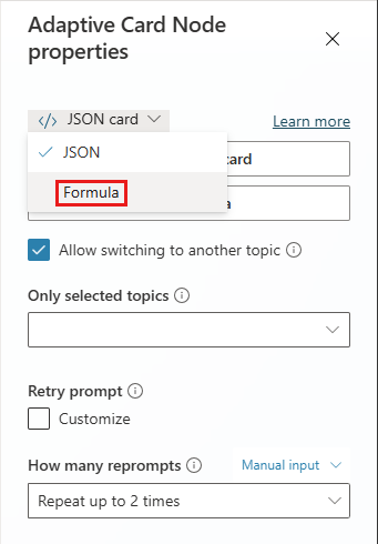 Screenshot of the option to switch to a Power Fx formula instead of JSON on the Adaptive Card node properties panel.
