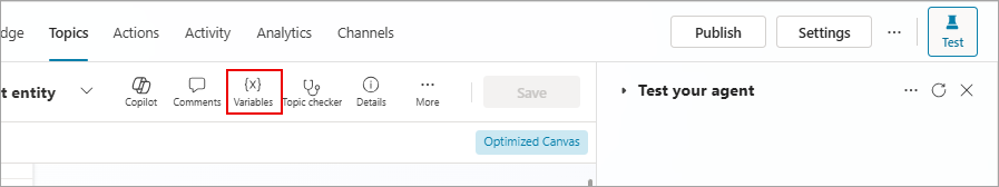 Screenshot of the secondary toolbar with a link to open the Variables panel.