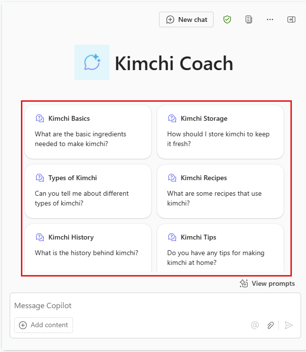 Screenshot of the welcome page in Copilot Chat, for an agent with suggested prompts.