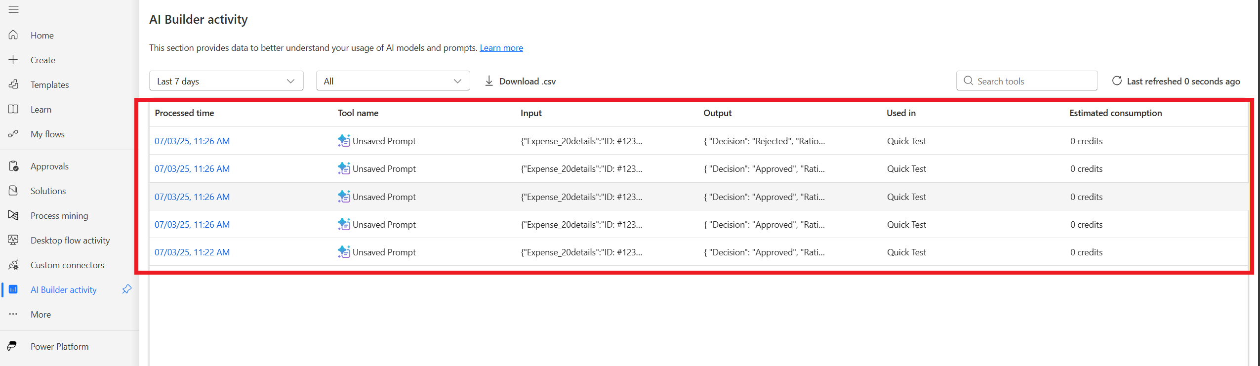 Screenshot of the prompt builder activity screen showing details of AI stage runs, including inputs and outputs.