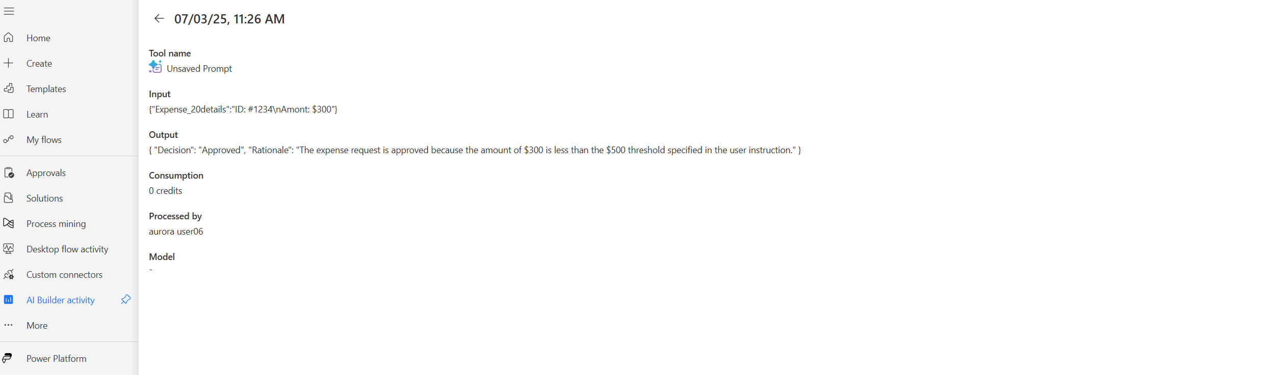 Screenshot of the prompt builder activity details showing the input and output for a specific AI stage run.