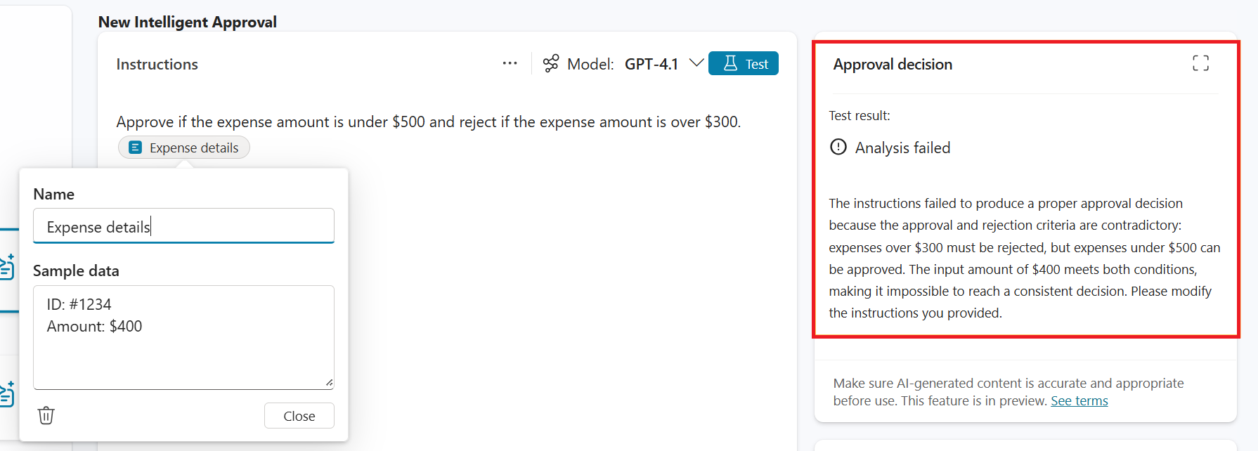 Screenshot of an AI stage returning an Analysis failed response due to conflicting approval criteria.