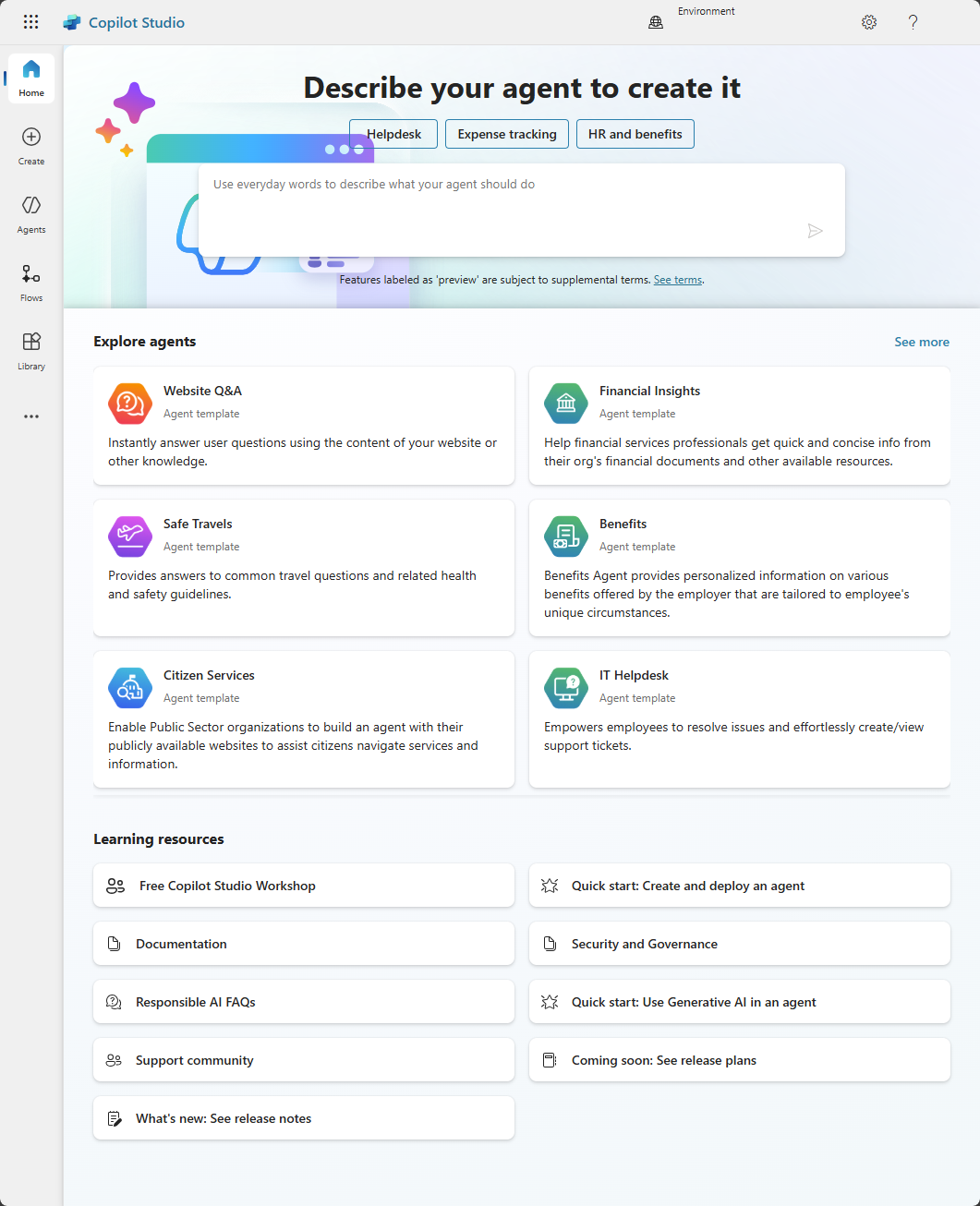 Screenshot of Copilot Studio home page.