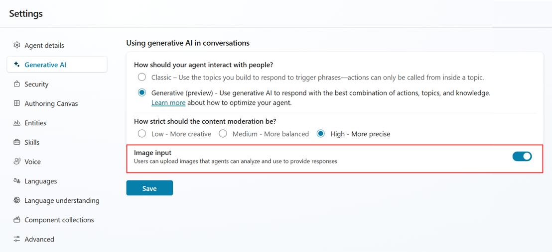 Screenshot of the Generative AI settings highlighting the Image input setting being turned on.