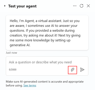 Screenshot of the Test your agent pane, highlighting the paper clip icon used to upload images.