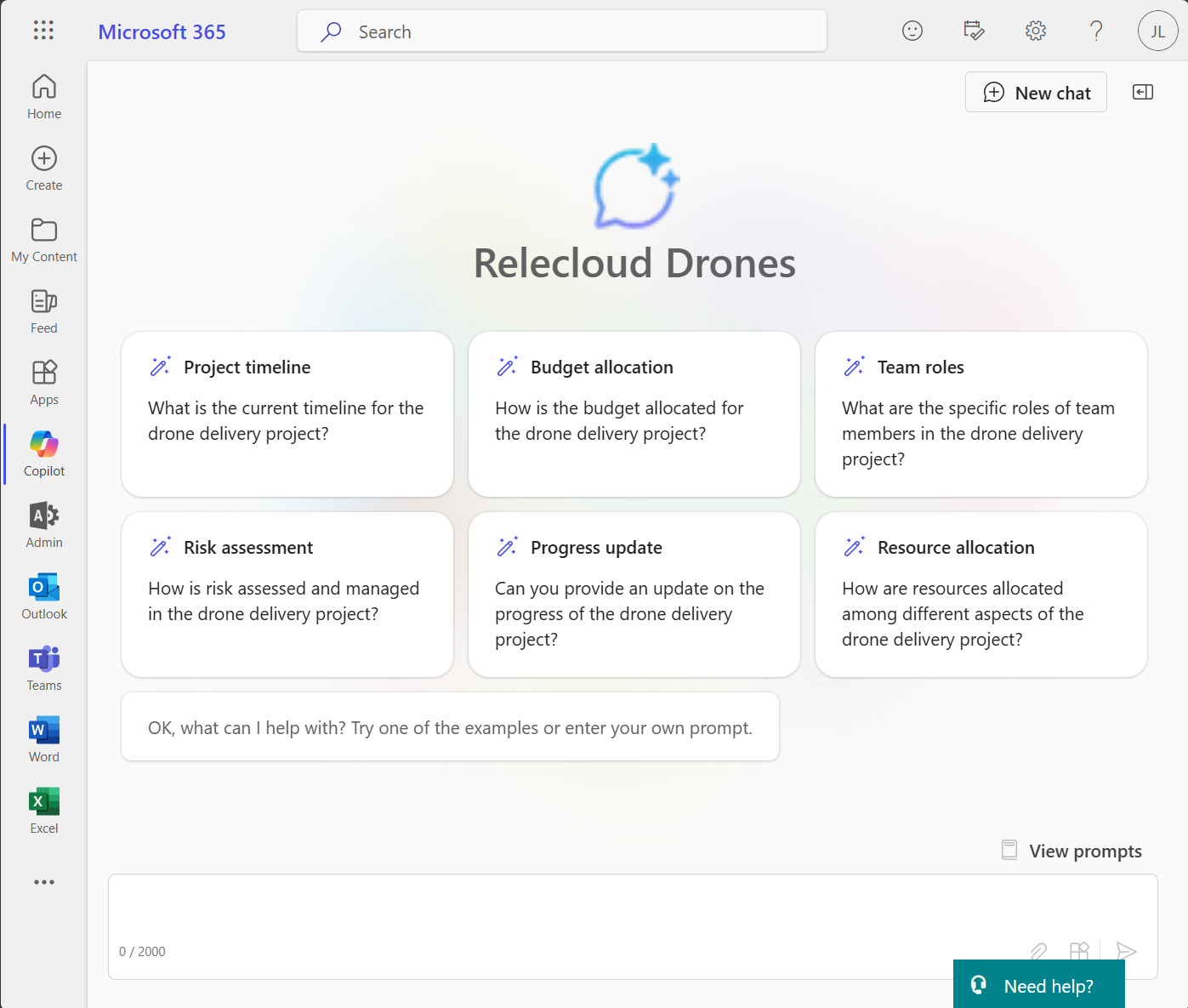 Screenshot of suggested prompts in Microsoft 365 Copilot chat