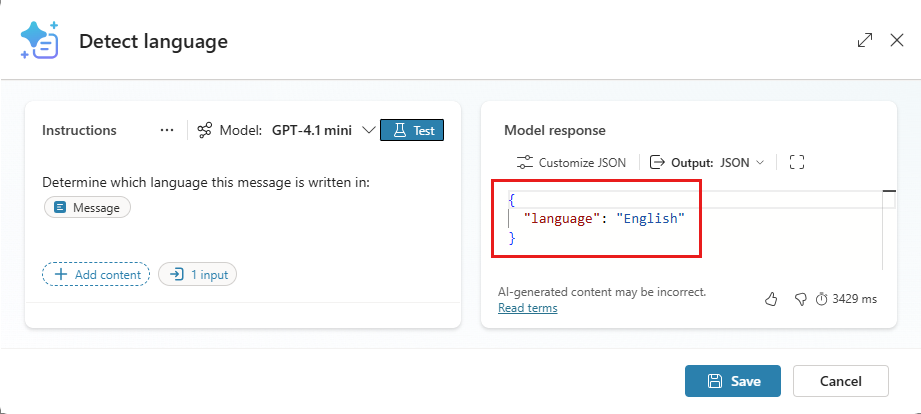 Screenshot of a prompt configured to detect the language of a message.