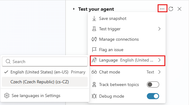 Screenshot showing where to select a secondary language from the test panel's More menu.