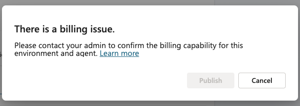 Screenshot of a billing error message that asks the user to contact their admin for billing capability issues.