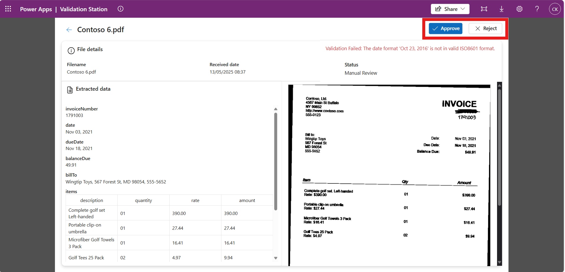 Screenshot showing the Approve and Reject button on the manual validation page.