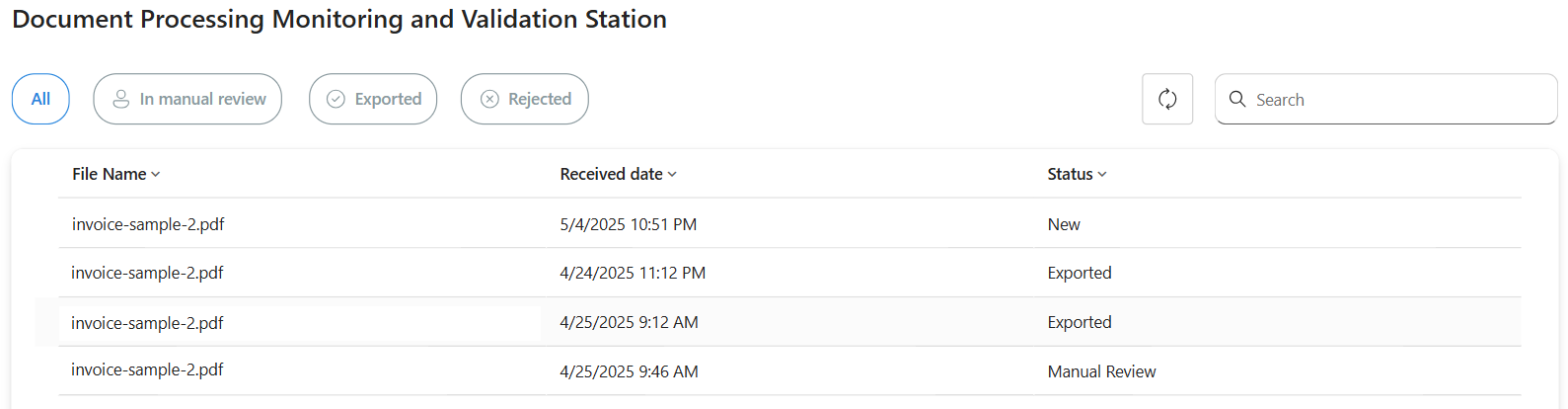 Screenshot showing the main page of the monitoring app.