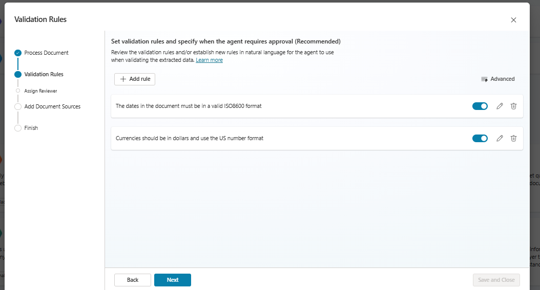 Screenshot showing the validation rules list.