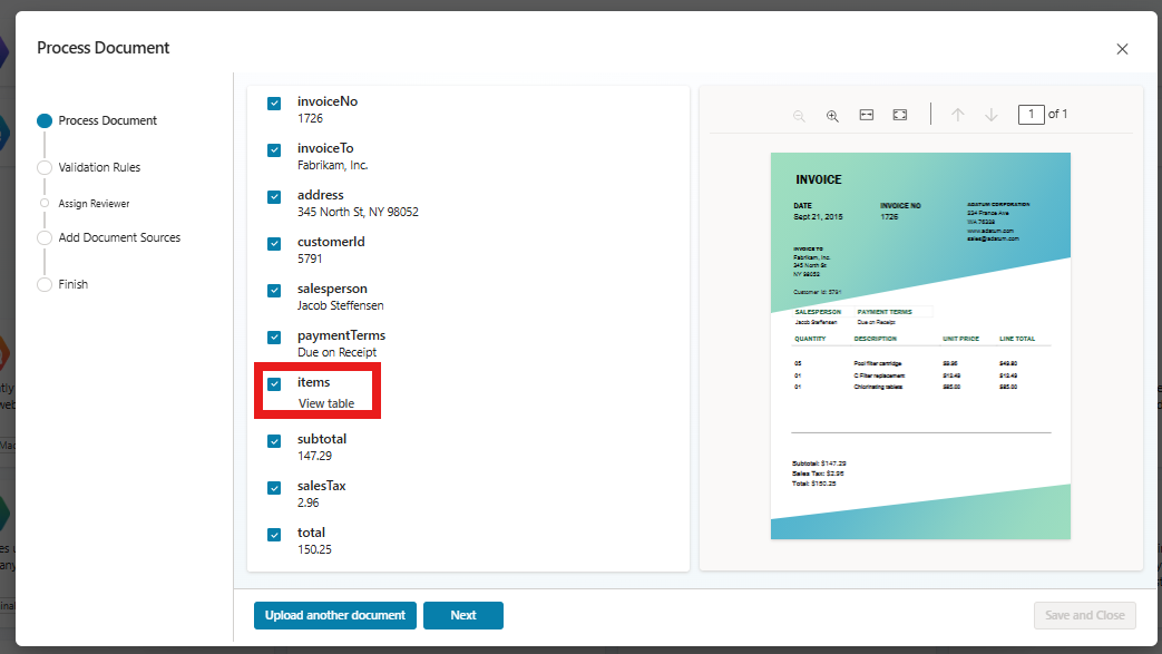 Screenshot showing a detected data field with a table to view.