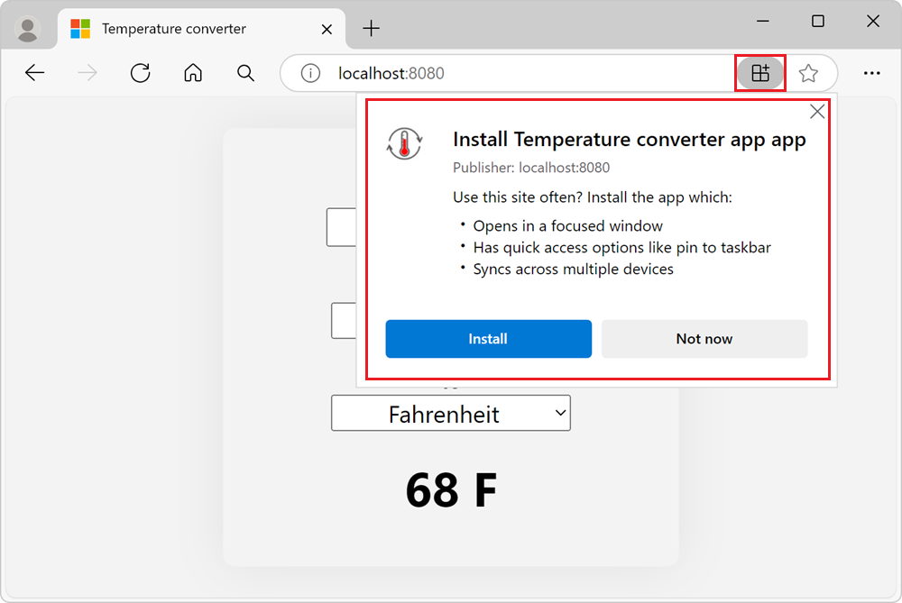 Microsoft Edge, with the sample PWA in a tab. The App available button in the Address bar has been clicked and the installation prompt is displayed