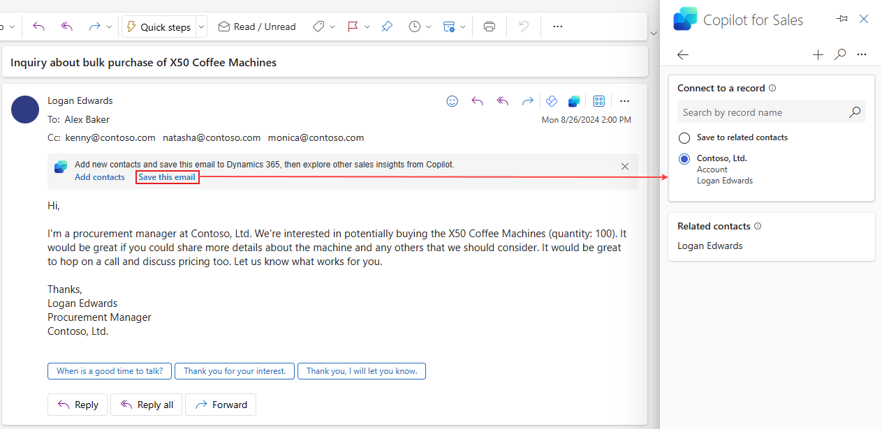 Screenshot of an email with a quick CRM actions banner message and the Copilot for Sales side pane.