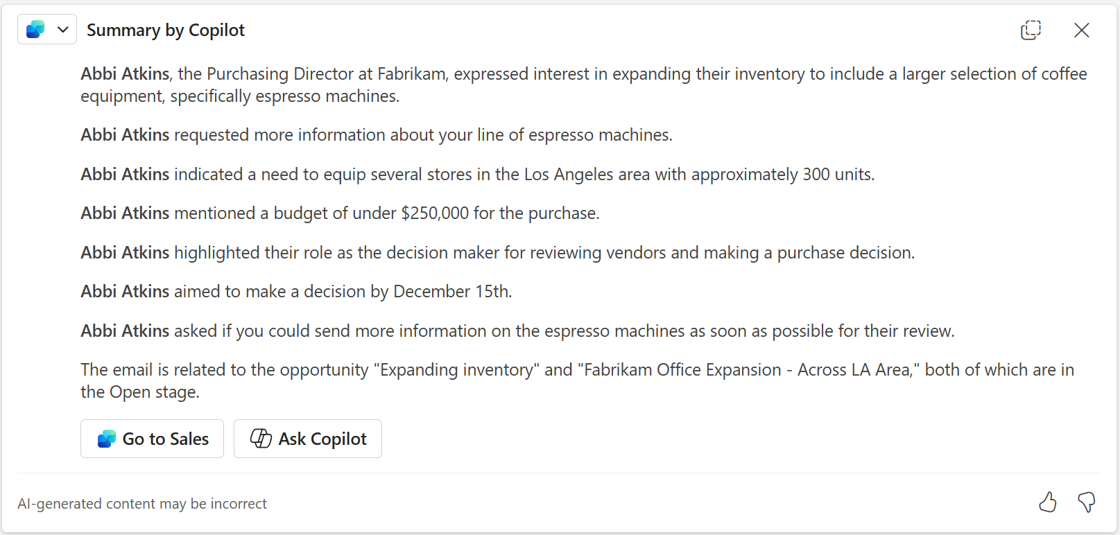 Screenshot of a Copilot for Sales email summary in Outlook on the web with account and opportunity details added.