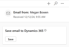 Screenshot showing the Save email to CRM highlight card in the Copilot for Sales side pane.