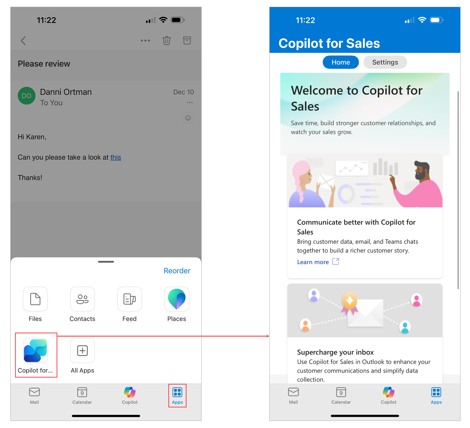 Screenshot for Copilot for Sales personal app opened in Outlook mobile app.