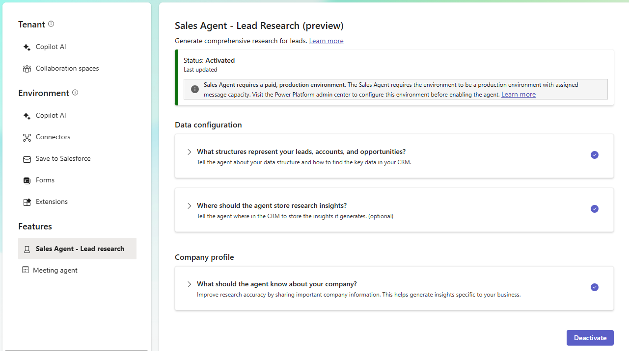 Screenshot showing admin settings for Sales Agent.