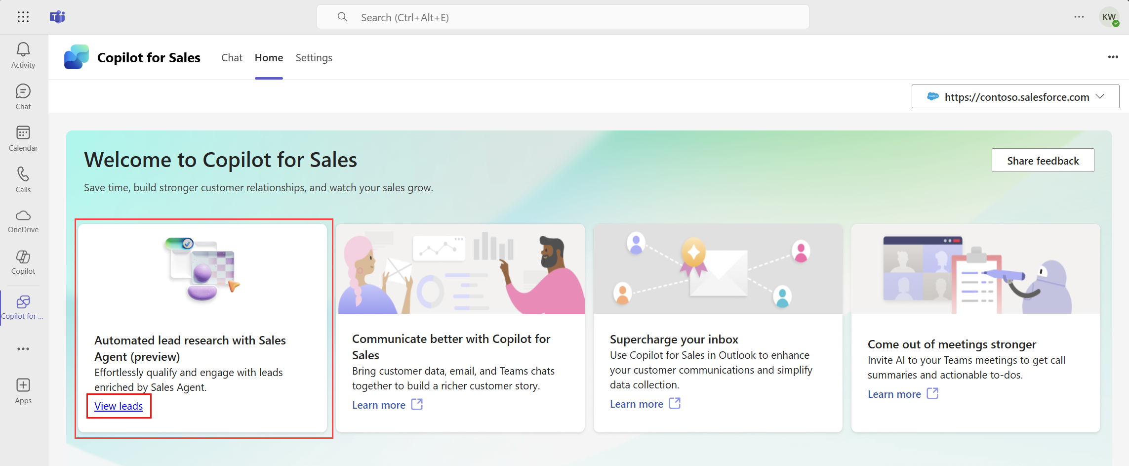 Screenshot showing home page of Copilot for Sales with card for the Sales Agent.