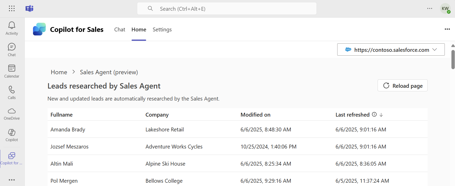 Screenshot showing leads researched by Sales Agent in Copilot for Sales.