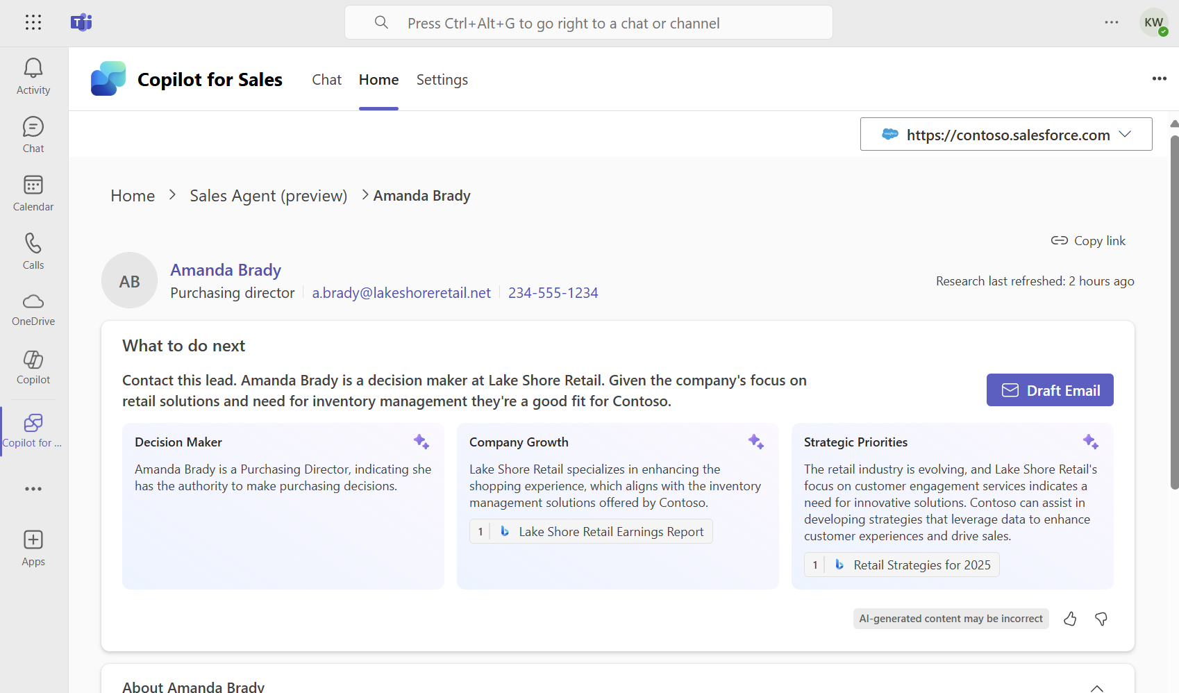 Screenshot showing the Sales Agent research details for a lead.